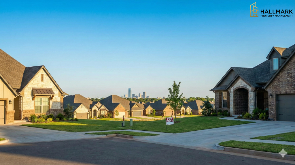Suburban turnkey rental homes in Oklahoma City with a 'For Rent' sign, featuring the downtown OKC skyline in the distance, representing the appeal of modern OKC investment property in growing neighborhoods.