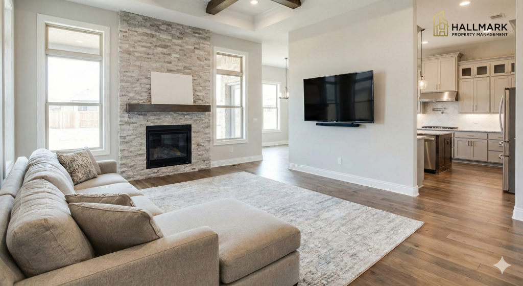 The interior of a modern, recently renovated living room in an upscale home, featuring light-colored walls, wood floors, a gas fireplace with a stone facade, and a large flat-screen television. The space is open-concept, looking toward a high-end kitchen.