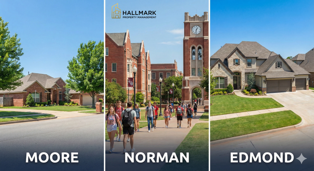 A three-part image comparing the distinct neighborhoods of Moore, Norman, and Edmond, Oklahoma. The Moore panel shows a stable, red-brick, single-family home. The Norman panel shows the historic, collegiate architecture of the University of Oklahoma campus with students walking. The Edmond panel shows a large, modern, stone-and-brick, upscale suburban home.